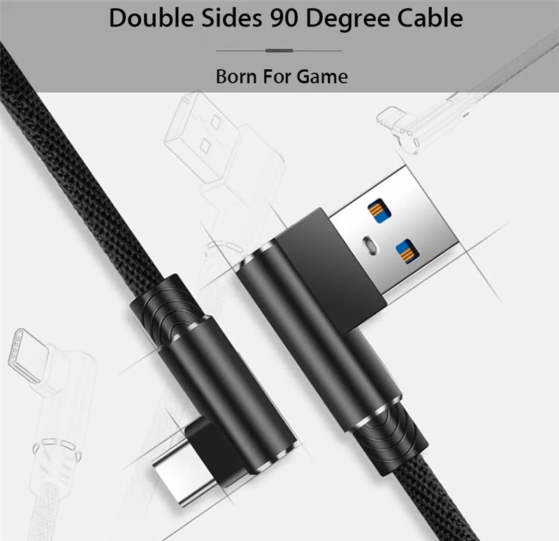 

90 Degree Fast Charging USB Type C Cable 2M 3M for Xiaomi Mi8 Mi9 se mi 6 Max 3 Mix 3 2S A2 black shark 2 redmi note 7 k20 pro