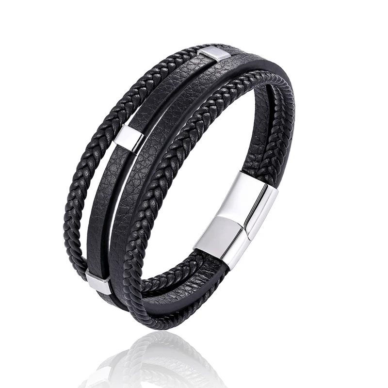 

Minimalism punk black leather bracelet for men stainless steel braid braid bracelet steel color magnet insert cowhide bracelet
