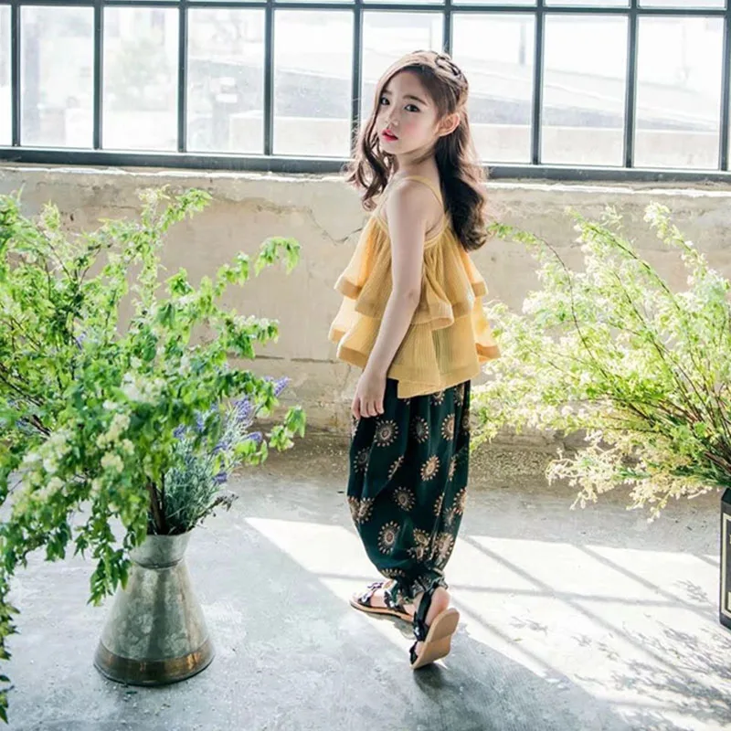 

Summer Kids Clothes Fashion Girls Clothing Sets 2 pcs Yellow Sling Top & Green Long Pants Set For Children Girls Clothes Set