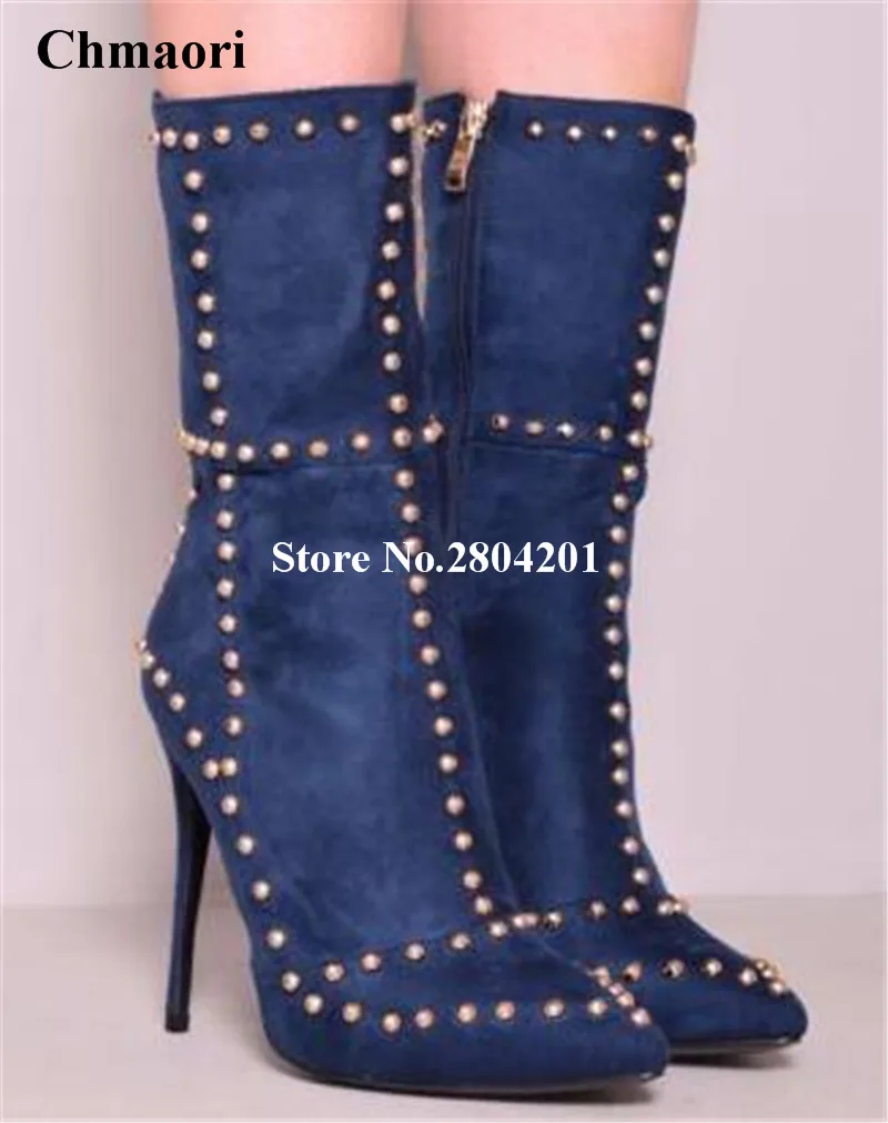 Woman Spring/Autumn Rivets Ankle Boots Pointed Toe Thin High Heels Shoes Rivets Zipper Metal Buckle Boots Mid-Calf Shoes Women