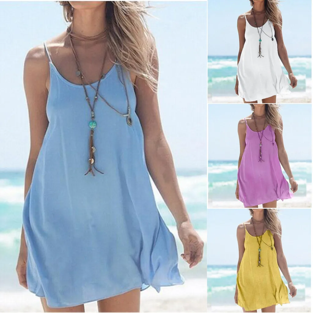 Cotton Linen Fashion Summer Solid Strap Short Mini Dress Loose Dress Sundress Women’s Casual Beach Party Dress Vestido de festa