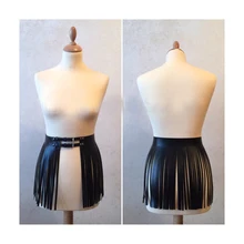Дизайн одежды черный белый искусственная кожа бахромой ремешком талии юбка регулируемый пояс пряжки ремня танцы Клубная одежда