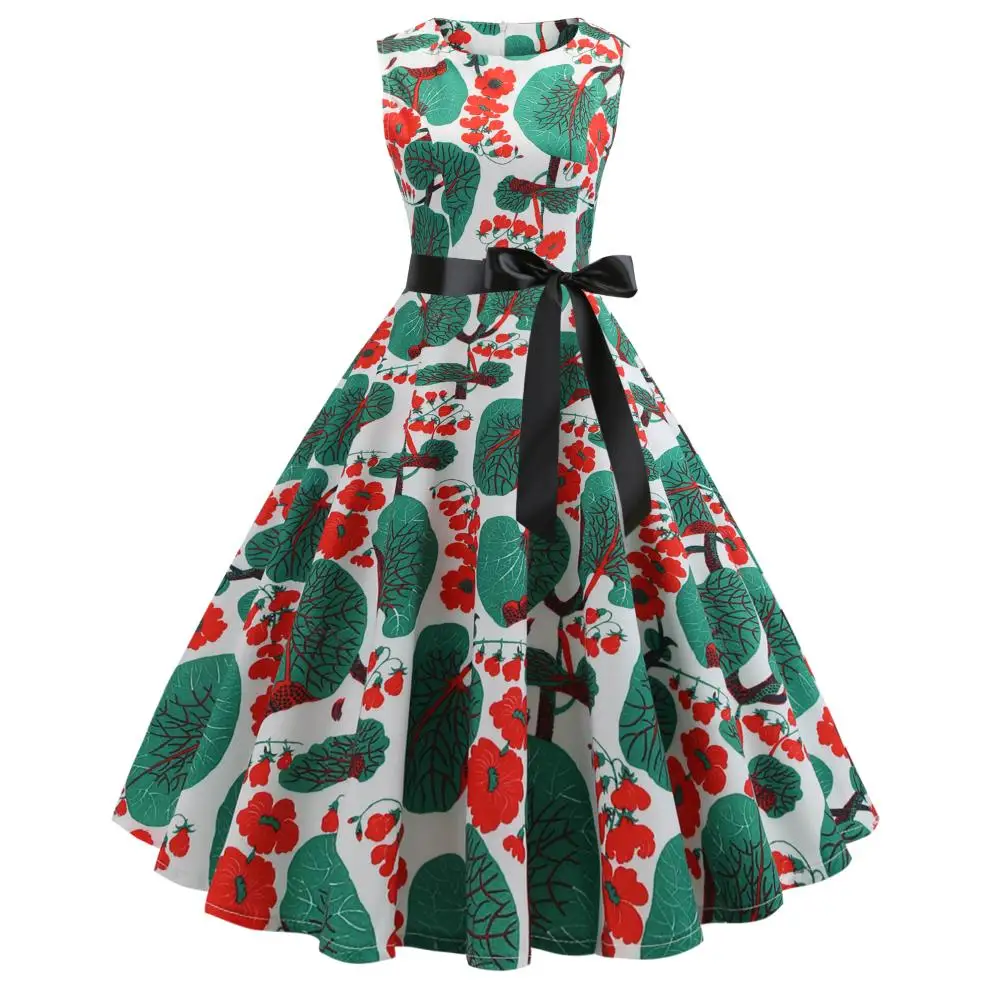 

2019 Summer new Hepburn wind restoring ancient ways to receive show thin waist posed dress send printing ribbon flora korean