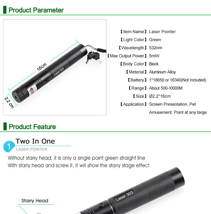 Охотничий лазер, зеленая лазерная указка, ручка Adjustablefocus, звездная головка, ручка для сжигания, мощные лазерные указки, ведущая дистанционная 303