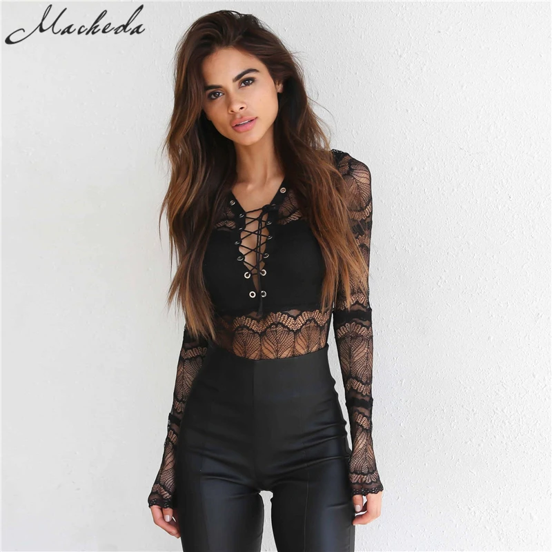 

Nibber 2017 Lantern Sleeve Hollow Out Bodysuit Sexy Solid Black Vintage lace Jumpsuits Sheer Tulle Patchwork Playsuit
