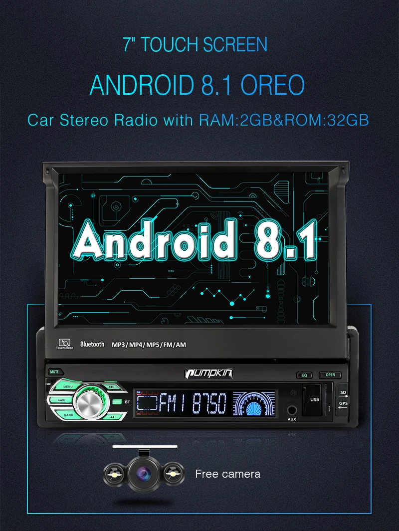 Тыква 1 Din 7''Android 8 Восьмиядерный 2G + 32G Универсальный стерео GPS навигация