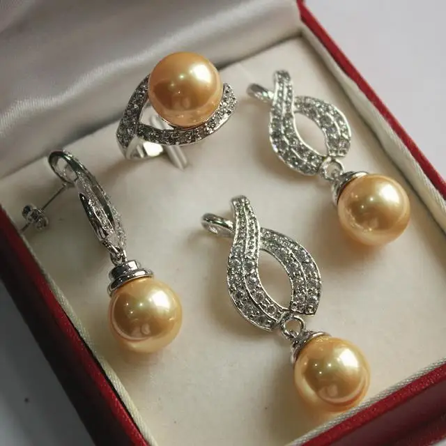 

Women's Wedding noble lady's silver plated 12mm golden shell pearl pendant, earring, ring sets real silver-jewelry