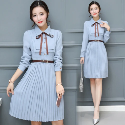 

2019 Spring Preppy Style Pleated Dress Women Long Sleeve Chiffon Single-breasted Dresses Femem Plus Size Dress Vestidos Mujer