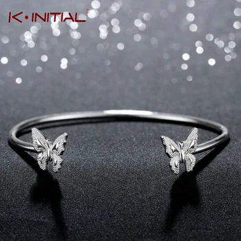 Kinitial 1Pcs Charm Double Butterfly Bracelets Bngles For Women 925 Silver Animal Bangle Cuff Jewelry Wedding Gift Bijoux