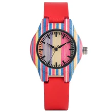 Повседневные кварцевые деревянные наручные часы для девочек, лаконичный цветной циферблат, красный контакт разъема, ремешок с пряжкой, очень легкие бамбуковые деревянные часы