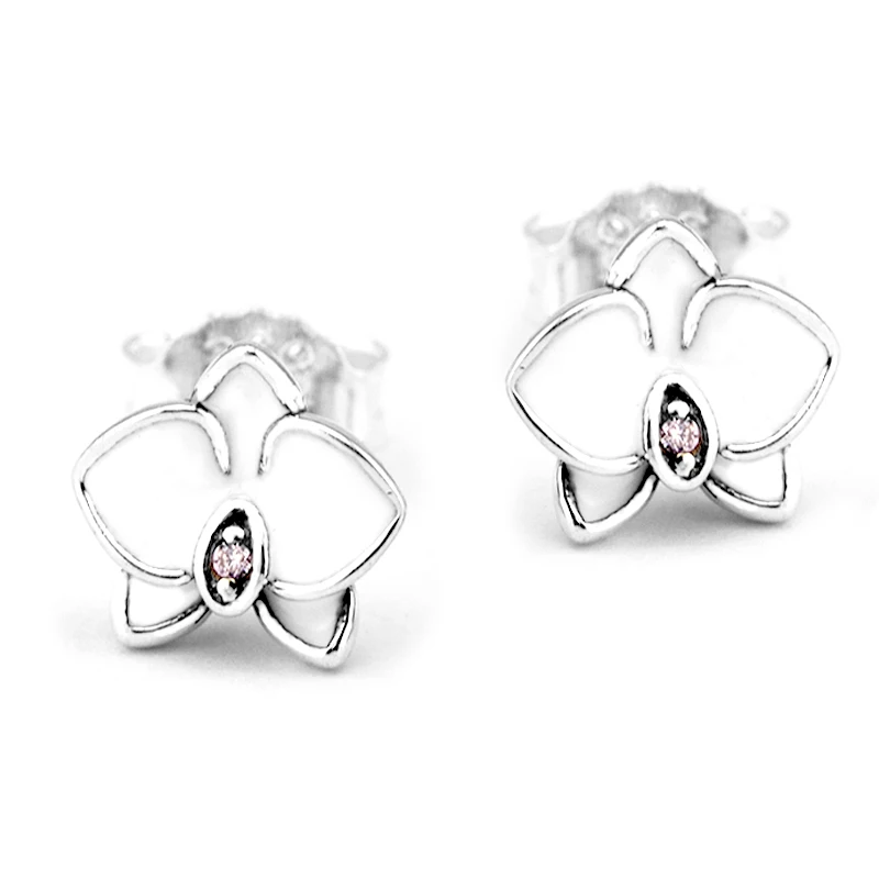 

FANDOLA 100% 925 Sterling Silver Jewelry Orchid Stud Earrings with White Enamel Fashion Earrings for Women Party Birthday Gift
