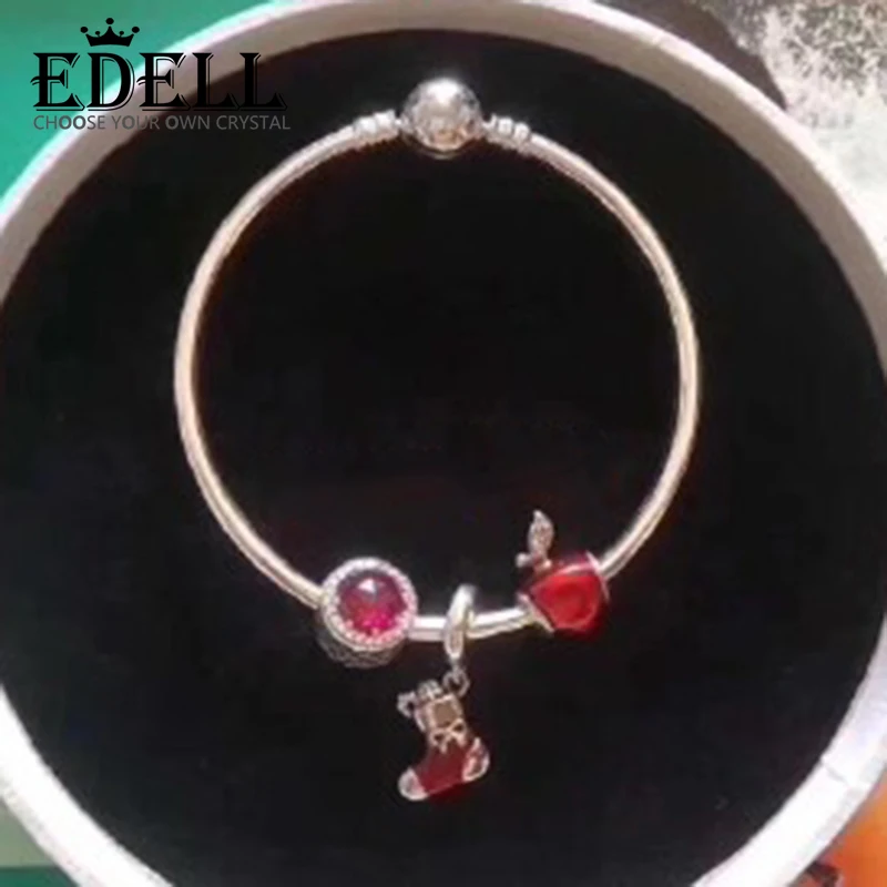 

EDELL 100% 925 Sterling Silver Christmas Socks Apple Flashing Ruby Charm Bracelet Set Holiday Gift Original Jewelry