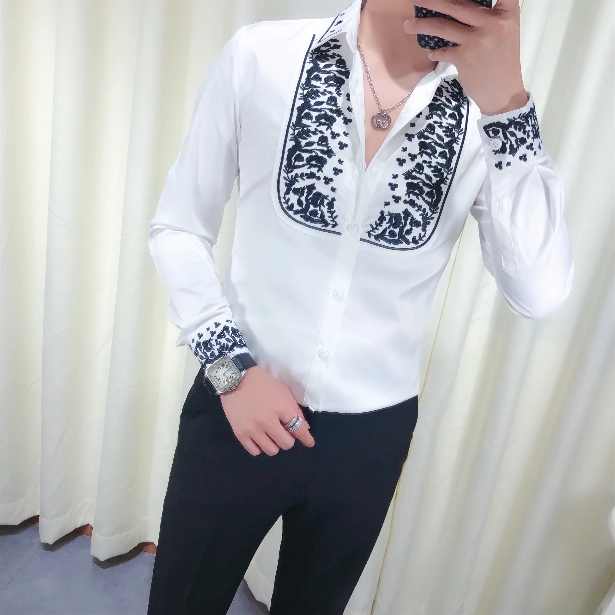 Новинка осени, роскошная мужская Клубная рубашка с вышивкой, с длинным рукавом, с цветком, Kemeja Pria Camisa Masculina, черная, белая