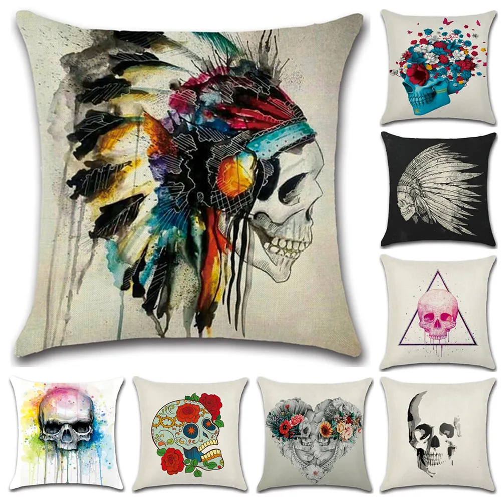 

YWZN Skull Pattern Pillow Case Cotton Linen Skull Printing Pillow Case Decorative Pillowcases funda de almohada