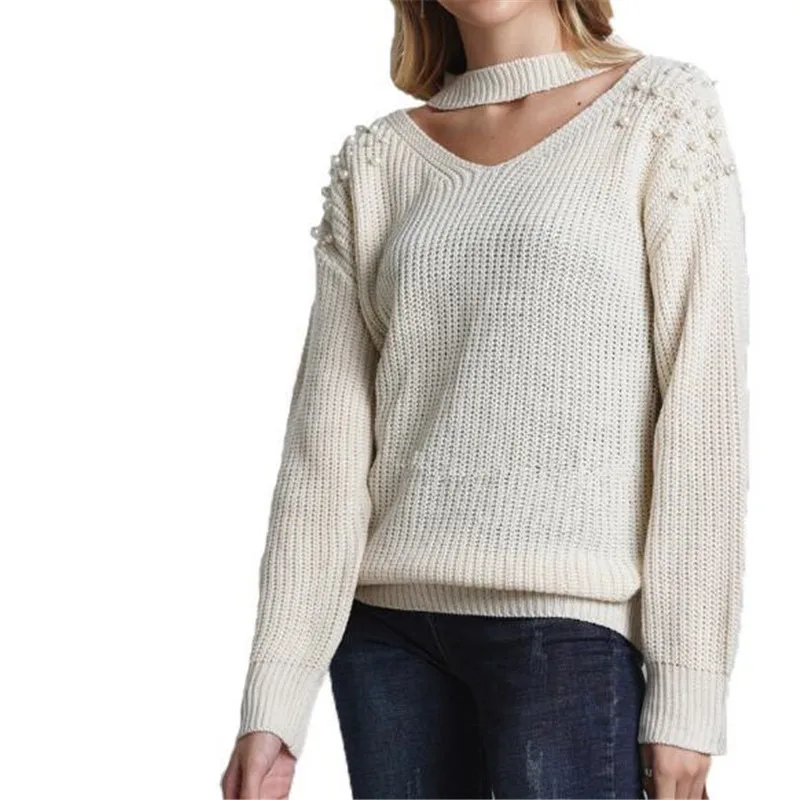 

WKOUD Women Clothes 2019 Fashion Beading Sweaters Sexy Solid Beige Hollow Out Knitted Pullovers Winter OL Streetwear Y8075