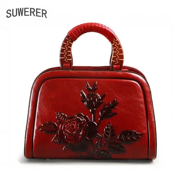 

SUWERER Women Genuine Leather bags for women 2019 New fashion luxury handbags women Embossed Flowers bag women leather handbags