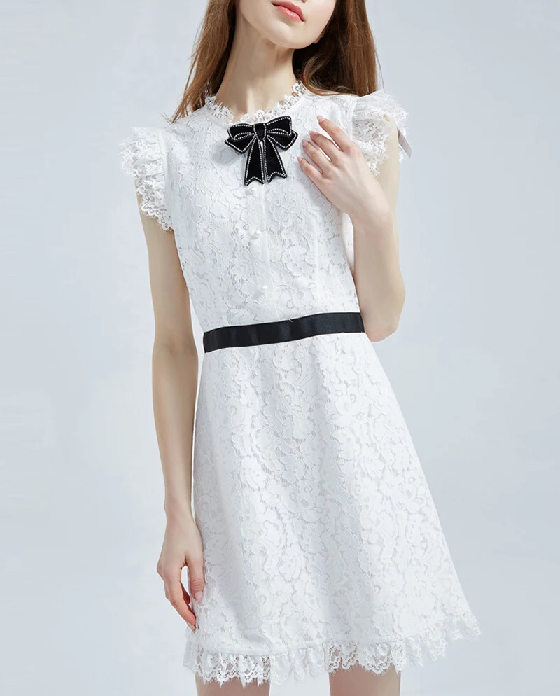 

New Solid Lace Bow Women Dress Elegant Sleeveless Sexy Mini Dresses F6201