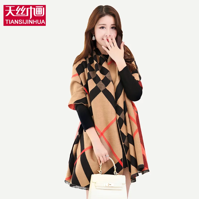 2016 Knitting font b Tartan b font Plaid Winter Pashmina scarf Poncho Women Mandala Blanket Lady