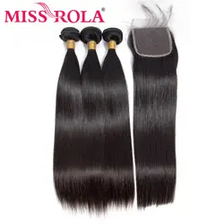Miss Rola волос прямые перуанские волосы Связки с синтетическое закрытие натуральные волосы 100% натуральный цвет волосы remy 3 Связки с 4*4