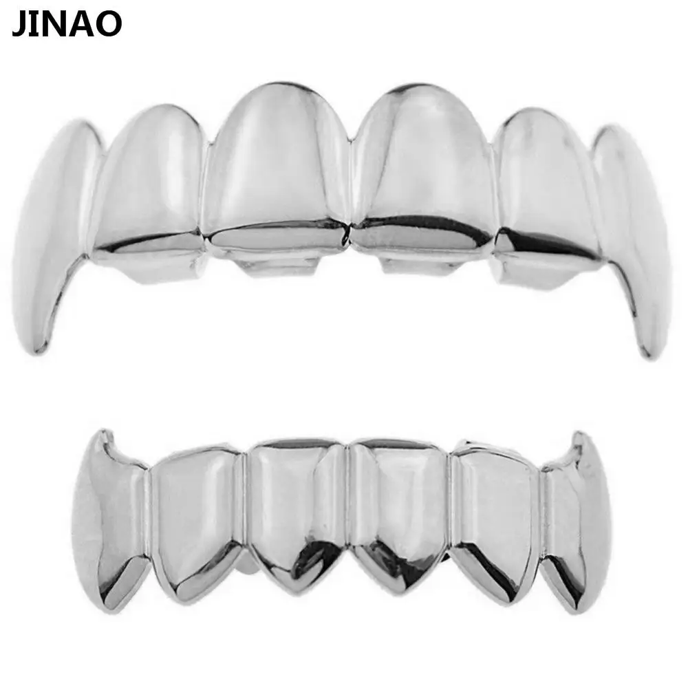 JINAO золото посеребренные хип-хоп ЗУБЫ Grillz верхние и нижние грили набор с силиконовым настоящим блестящим вампирский зуб гриль-наборы - Окраска металла: Silver Set