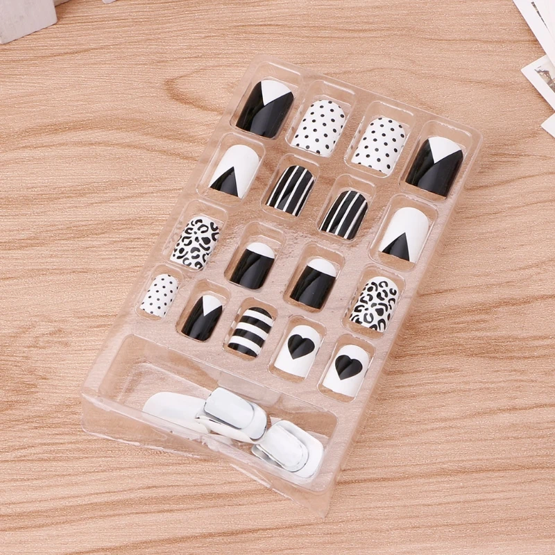 

24Pcs White Black Nail Tip Acrylic Short Full False Nail Art Tips DIY Sticker