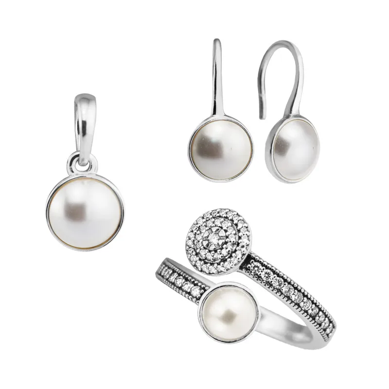 

Genuine 925 Sterling Silver Luminous Jewelry Set with White Crystal Pearl and Clear CZ Fashion Charms Earrings Rings for Women