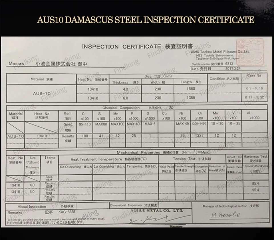 AUS-10 Damascus Steel Knife Certificate