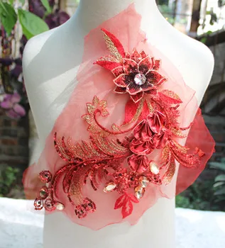 

Size-27*17cm(2pcs/lot) Free Shipping Red 3D Sequined Lace Applique with Acrylic Stones for Garment Decoration