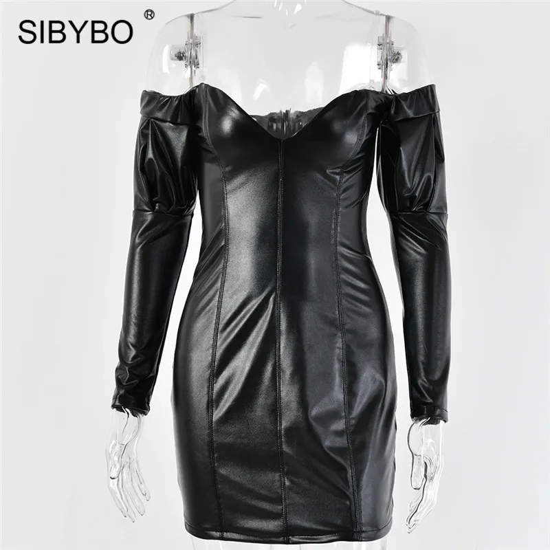 SIBYBO сексуальное мини-платье без бретелек из искусственной кожи, модное осеннее платье с открытыми плечами и длинным рукавом, женские черные вечерние Клубные платья с открытой спиной