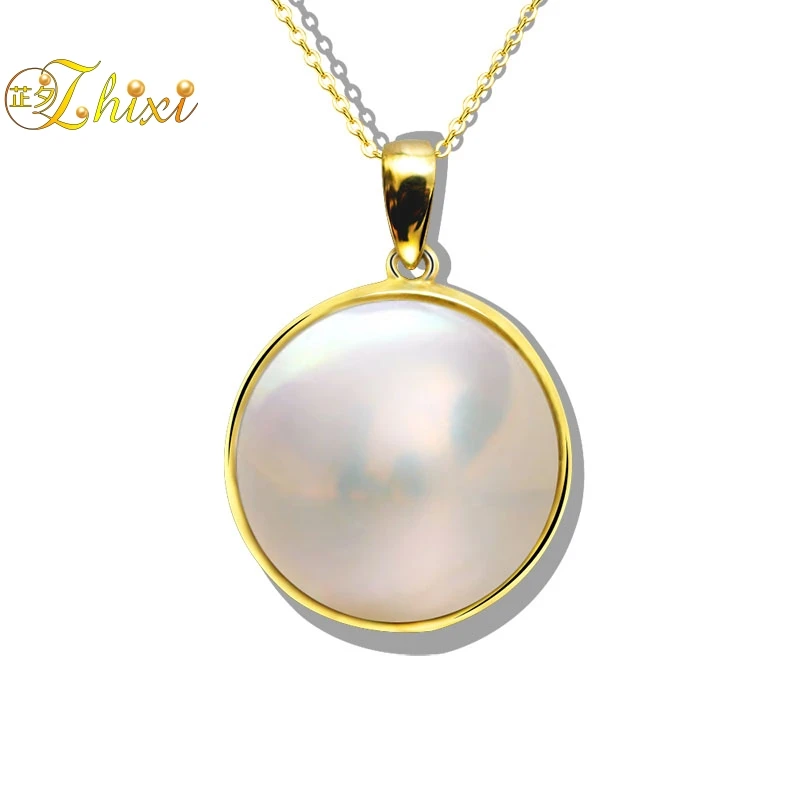 

ZHIXI Real 18K Yellow Gold Pearl Necklace Pendant Au750 Fine Jewelry Natural Sea Mabe Pearls Pendant For Women D301