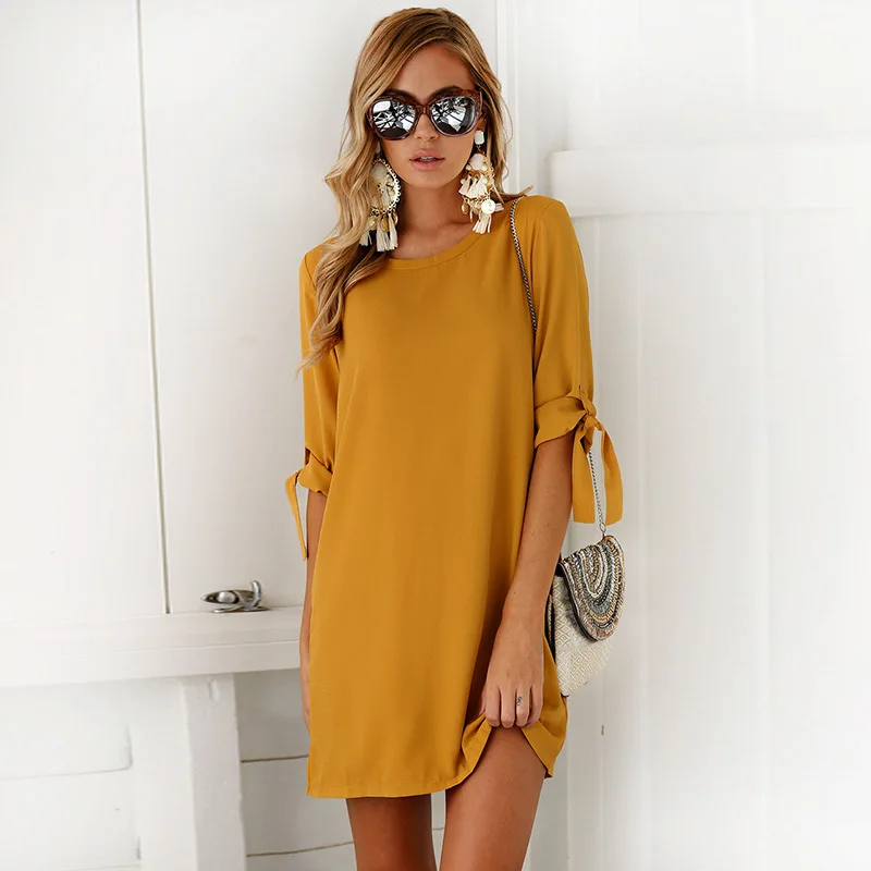 

2019 Women Yellow Summer Dress Boho Style Chiffon Beach Dress Tunic Sundress Loose Three Quarter Mini Party Dress Vestidos