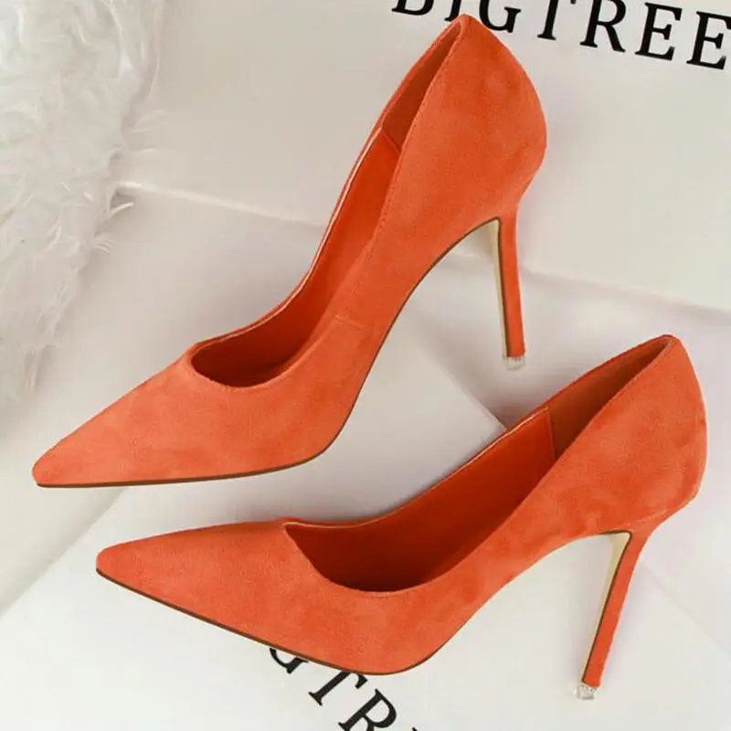

New Arrival Korean Concise Pointed Toe Office Shoes Women's Fashion Solid Flock Shallow High Heels Shoes for Women 9 Colors