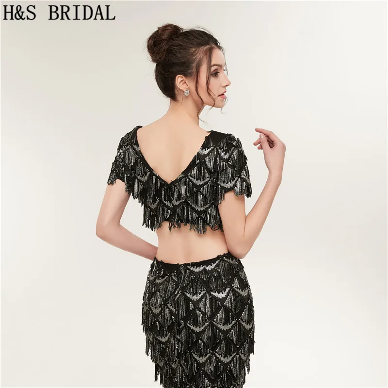 H & S свадебный V черный с коротким рукавом Русалка Вечерние платья Длинные vestidos de festa блестками платье для выпускного вечера