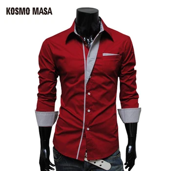 

KOSMO MASA 2017 Turn-Down Collar Casual Plaid Shirt Mens Wrinkle Free Shaper Slim Fit Dress Shirts with Solid Long Sleeve MB0010