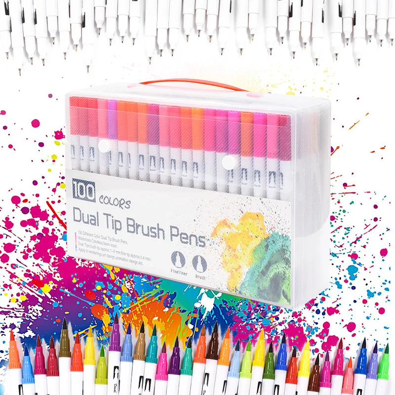 

Newest 100 Color Dual Tip Brush Pens Fine liners Brush Tip Water Based Ink Art Markers Drawing Non-toxic Sketch Marker Pens