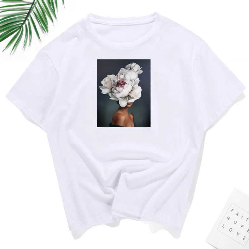 

High quality t shirt Women 100% Cotton Harajuku Aesthetics Fashion Tshirt Sexy Flowers Feather Print Tops & Tees 2019 Summer Top