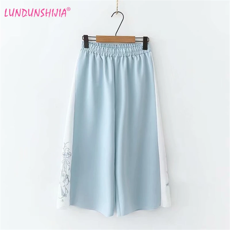 

LUNDUNSHIJIA 2019 Summer Women Flowers Embroidery Loose Pants Ladies Casual High Waist Wide-leg Trousers