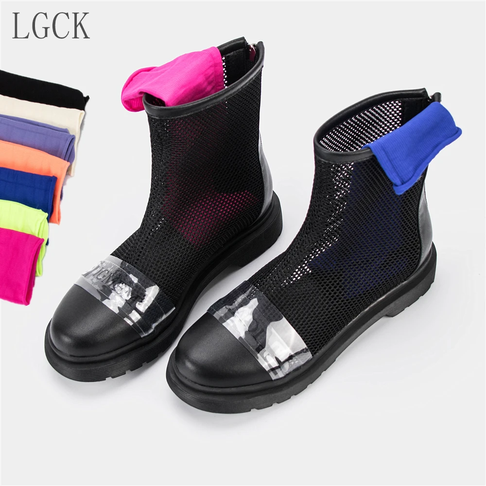 

Plus Size 34-43 Genuine Leather Women Shoes Mesh Sandals Boots Block Transparent Cool Boots Summer Spring Autumn Ankle Boots New