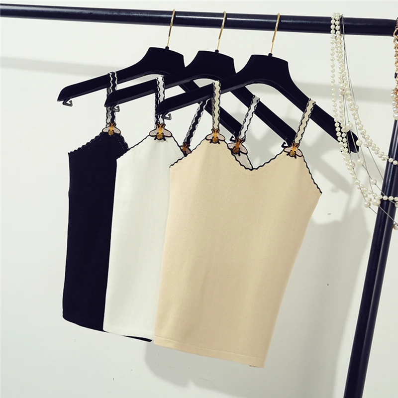 

Summer Women Fashion Slim Knitting Camis Tops Girl Knitted Striped Tank Tops Sleeveless T shirts With Bee Straps