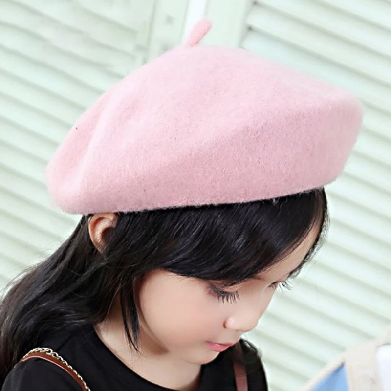 HT2185 Beret Solid Plain Kids Hat Autumn Winter Wool Hat Girls Winter Beret Child Stylish Beret Hat Vintage Retro Warm Hat Child