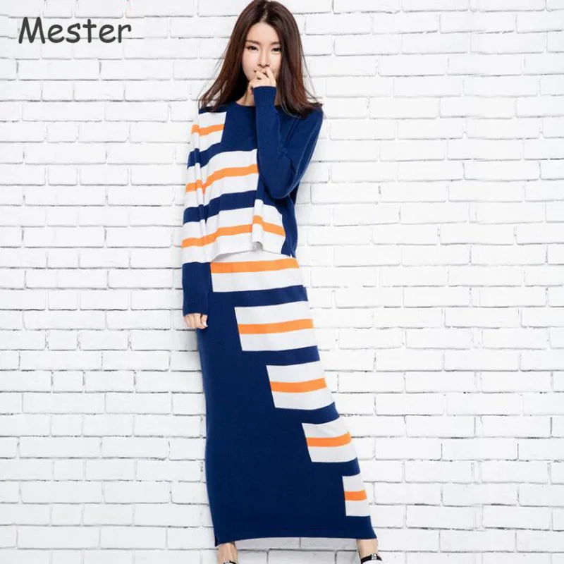 

2017 Spring Women Cashmere Suit Fashion Geometric Knitted Two Piece Crop Top and Skirt Set Side Slit Striped Pencil Skirts New