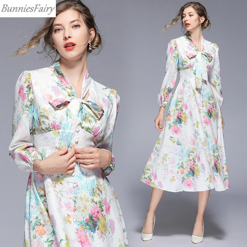 

BunniesFairy 2019 Spring Summer New Women Vintage Elegant Pastel Retro Fresh Flower Floral Print High Waist Midi Dress Bow Tie
