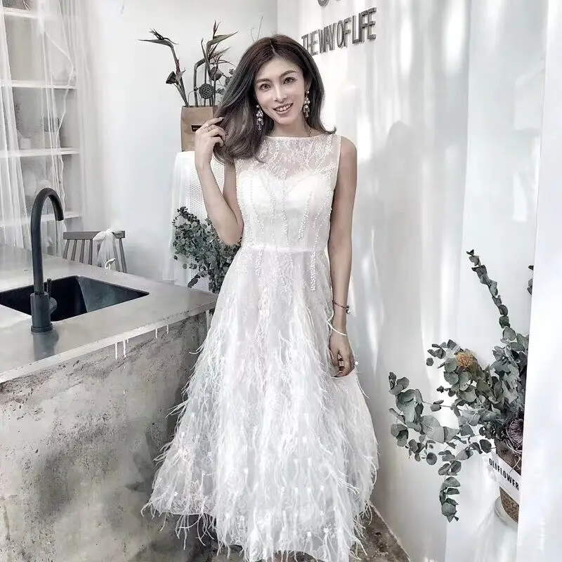 

Limiguyue high quality summer sleeveless midi tank dress elegant beading tassel feather women party dress runway vestidos T743