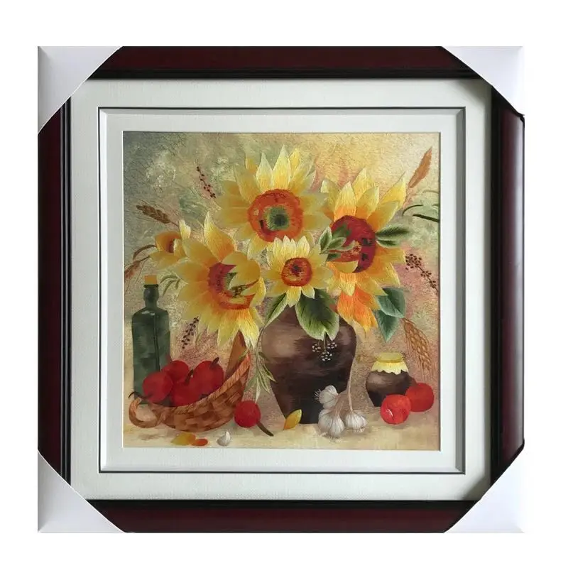 

Handmade 100% Mulberry Silk Thread Finished Suzhou Embroidery not include frame ,vase sunflower 35*35cm