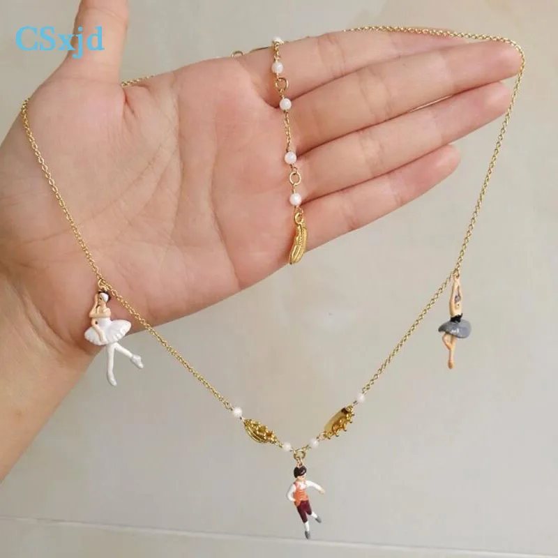 

CSxjd Handmade design Enamel Ballet Crown Feather Ballerina Girl and Prince Pendant Choker Necklace and Earrings