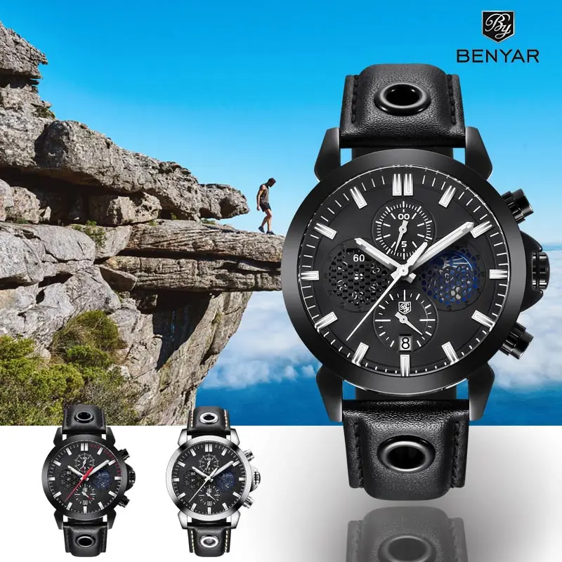 

BENYAR Men's Watch Military Watch/Sports/Watch Moon Phase Display Chronograph Leather Waterproof Quartz Watch Relogio Masculino
