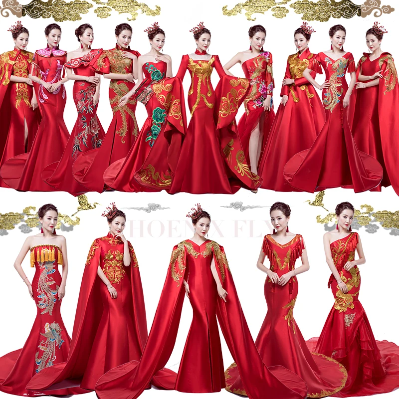 Настоящее китайское традиционное красное платье с вышивкой phonix, цельное длинное платье с рукавами для тренировок/можно заказать размер/много стилей на выбор