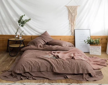 

Coffee solid color duvet cover set with buttons vintage style washed cotton and Linen mixed bedding set queen sheets full size