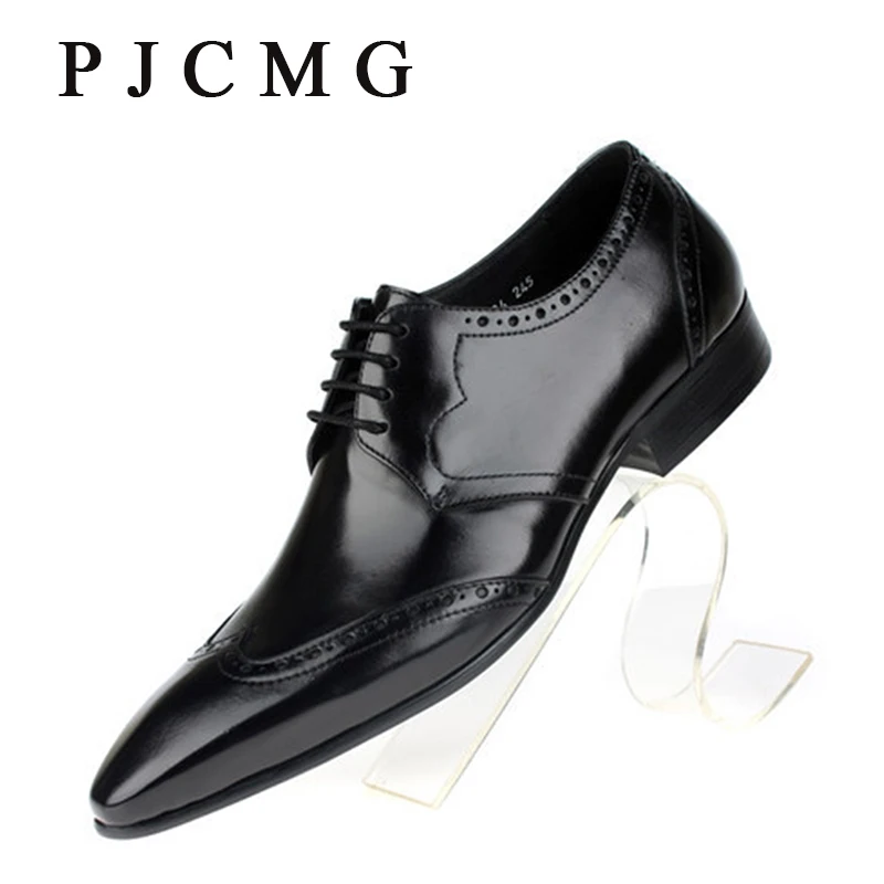 PJCMG New First Layer of Cowhide Men's Pointed Toe Formal Business Genuine Leather Wedding Casual Flat Patent Oxford Men Shoes