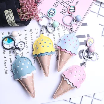 

20PCS/LOT Leather Icecream Keyrings Pendant Cute Pompoms Bag chains Car Pendant Key Ring Birthday gifs Girl